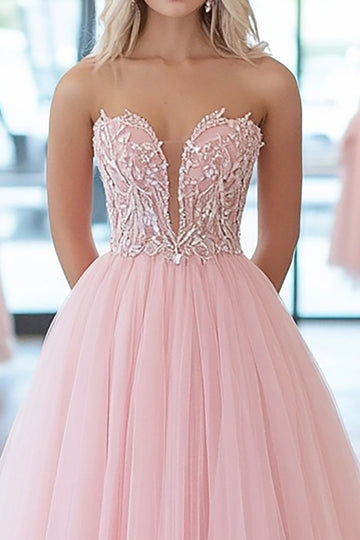 Robe de bal rose scintillante Sweetheart Tulle longue robe de bal avec appliques